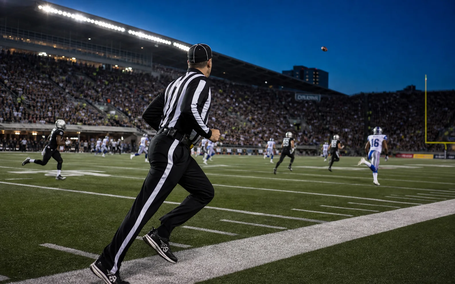 Canadian professional football official tracking a downfield pass