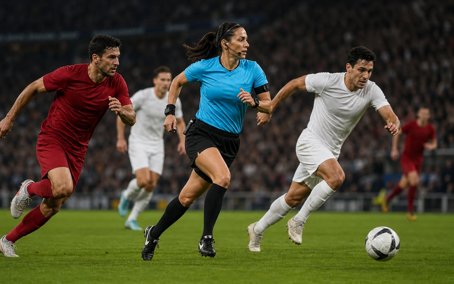 Female international football referee sprinting with elite match action