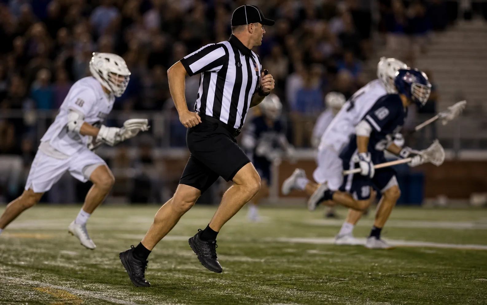College lacrosse official sprinting with transition play
