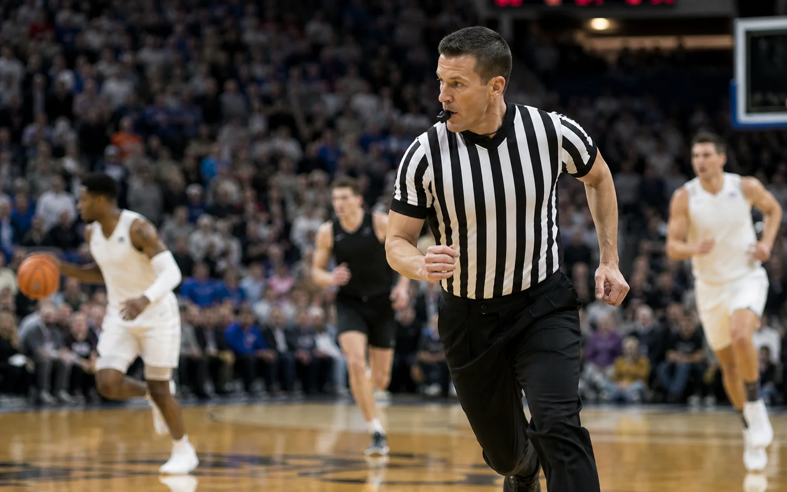 Men's college basketball referee sprinting with live play