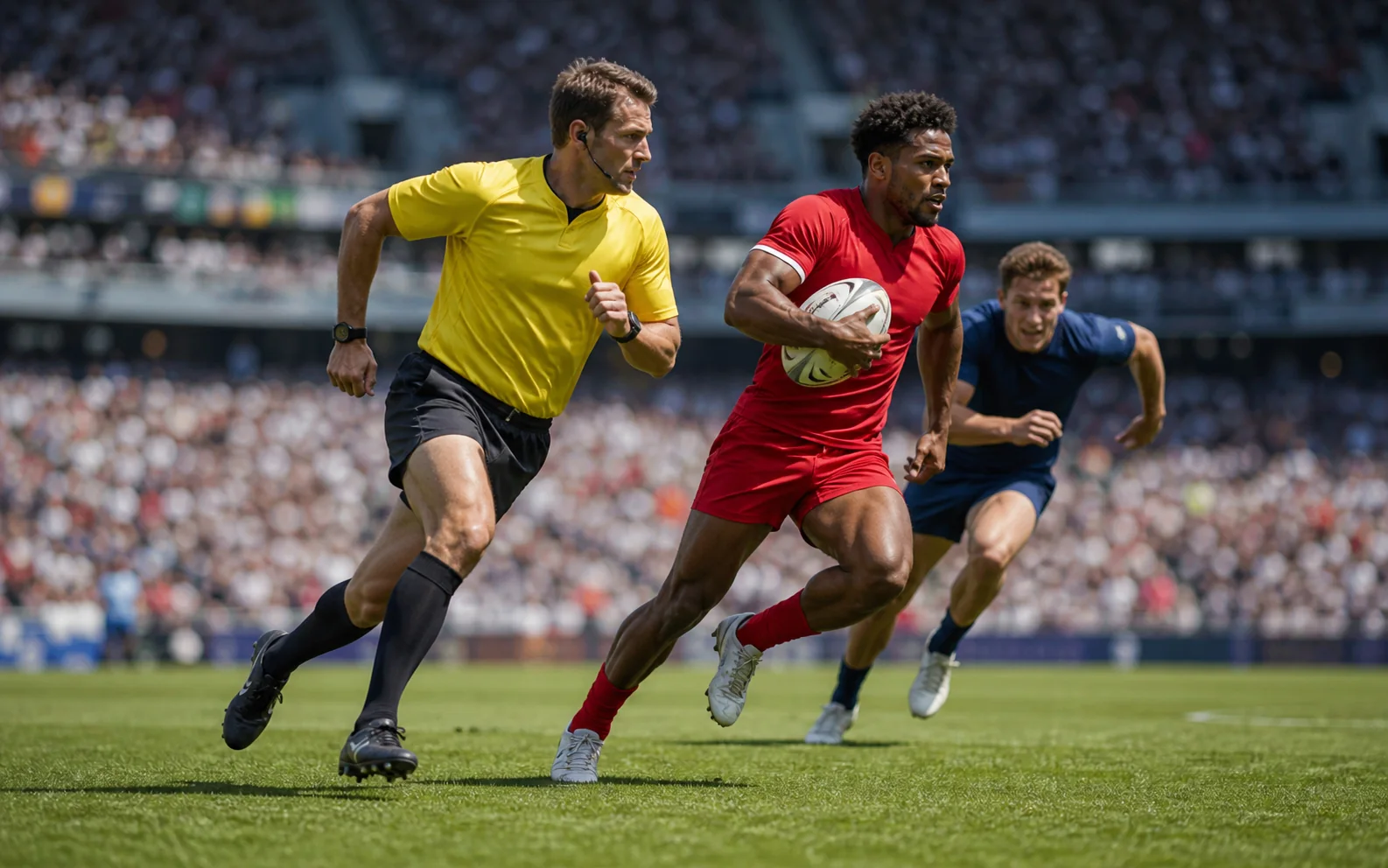 Olympic-level rugby sevens referee sprinting behind open-field play